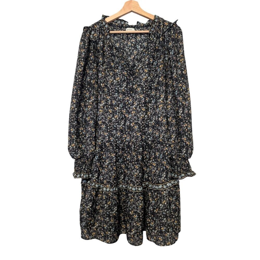 Max Studio Black Ditsy Floral Tiered Ruffle Boho Dress Long Sleeve L 19.5 PTP